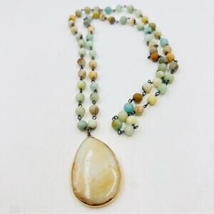Polychrome Jasper Necklace with Agate Pendant 34” Bohemian Festival